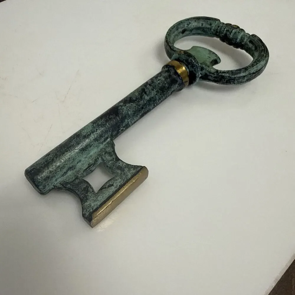Vintage Brass Skeleton Key Wine Bottle Opener Corkscrew German Verdigris